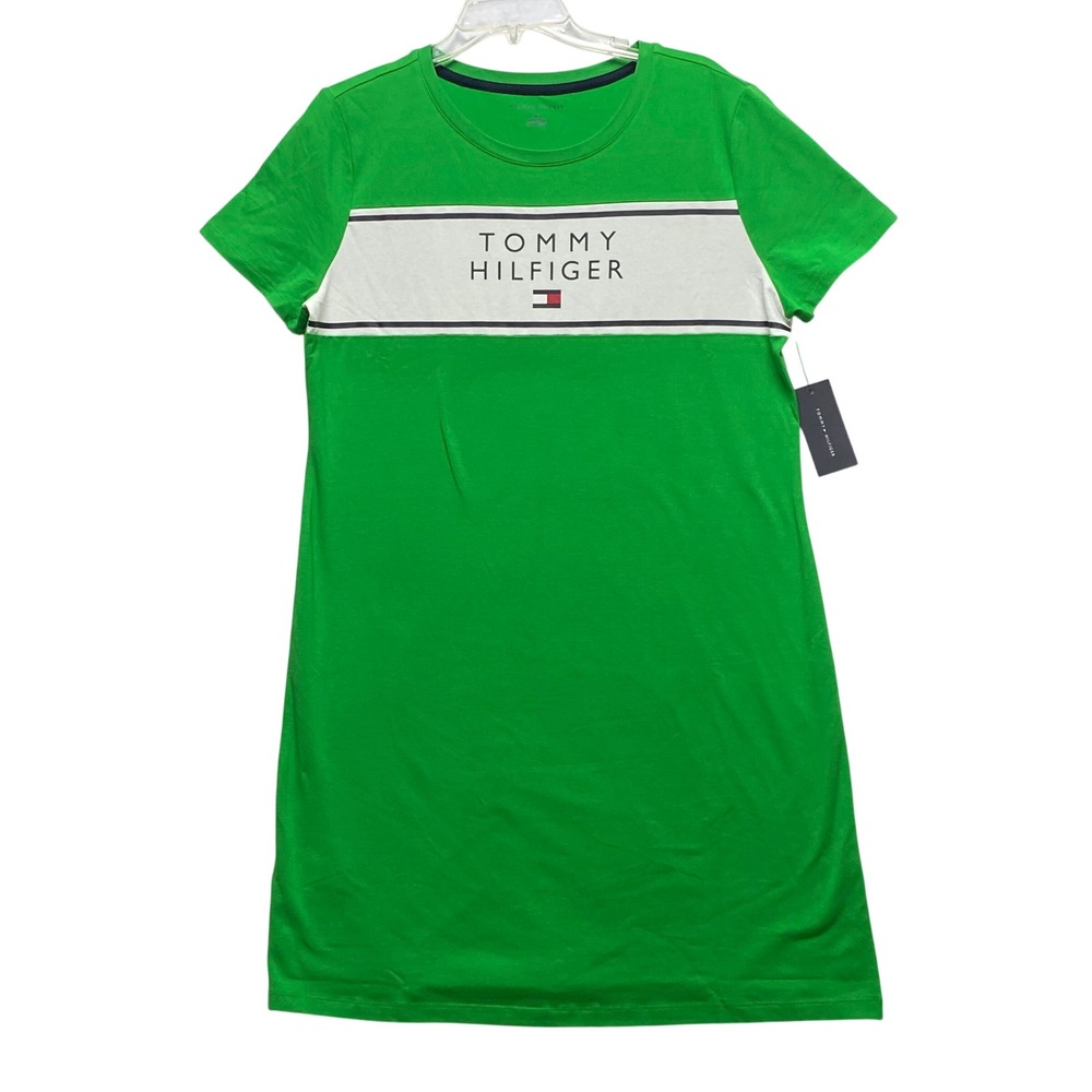 Tommy Hilfiger Womens Green Logo Stripe T-Shirt Mini Dress L New - Picture 3 of 6